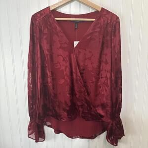 WHBM Women’s 6 Burgundy Blouse Shirt Tail Cut Drape Front Sheer Silk Holidays